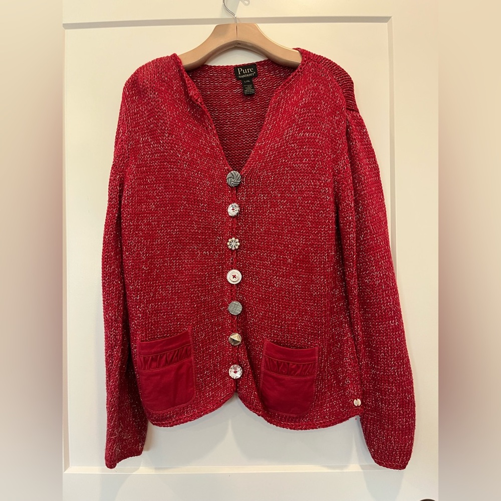 Pure Handknit Red sparkle quirky long sleeve cotton artsy holiday cardigan sz XL